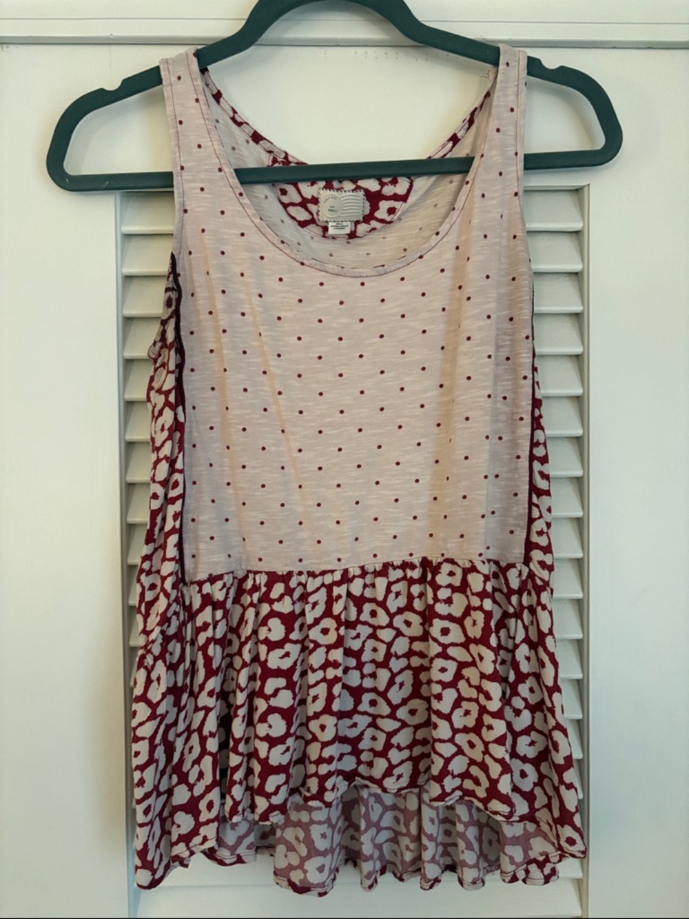 Anthropologie light pink and Burgundy Mixed-Print peplum Tank